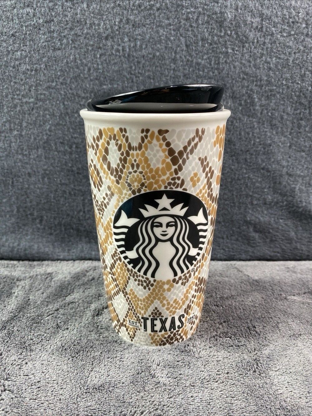 Starbucks Ceramic 12oz Tumbler Travel Mug 2015 Texas Snake Skin Pattern w/Lid